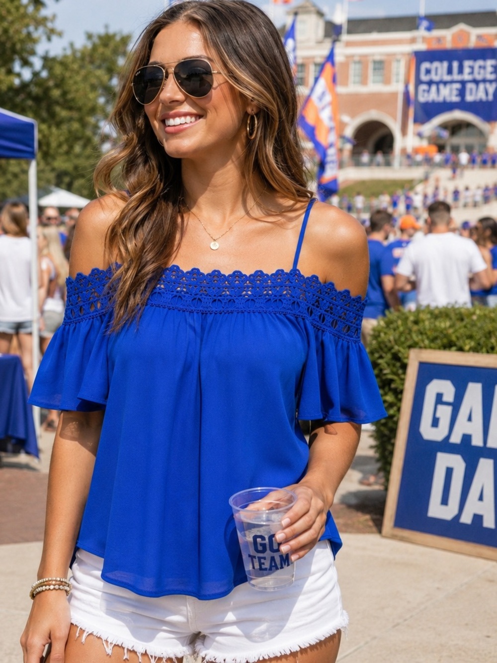 White House Black Market XS Royal Blue Lace Cold Shoulder Game Day Top